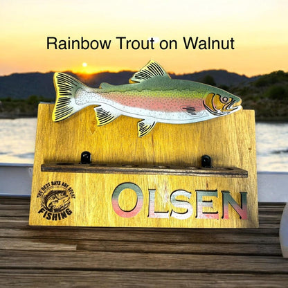 Rainbow trout design on walnut fishing rod holder