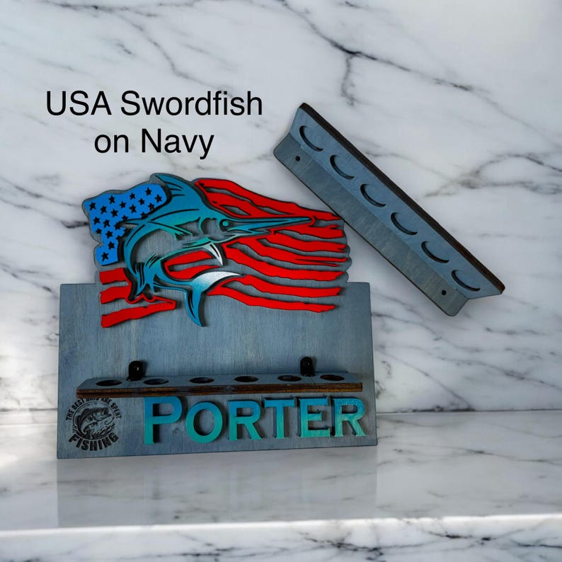 American swordfish design on navy fishing rod rack