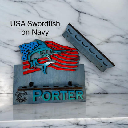 American swordfish design on navy fishing rod rack