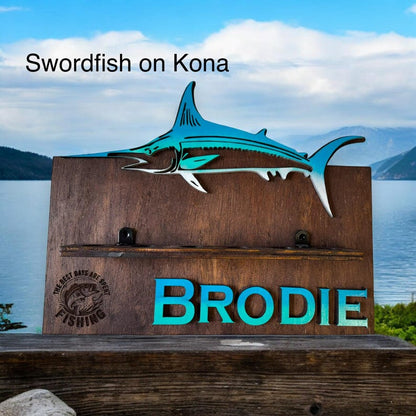 Swordfish design on Kona wood fishing rod holder