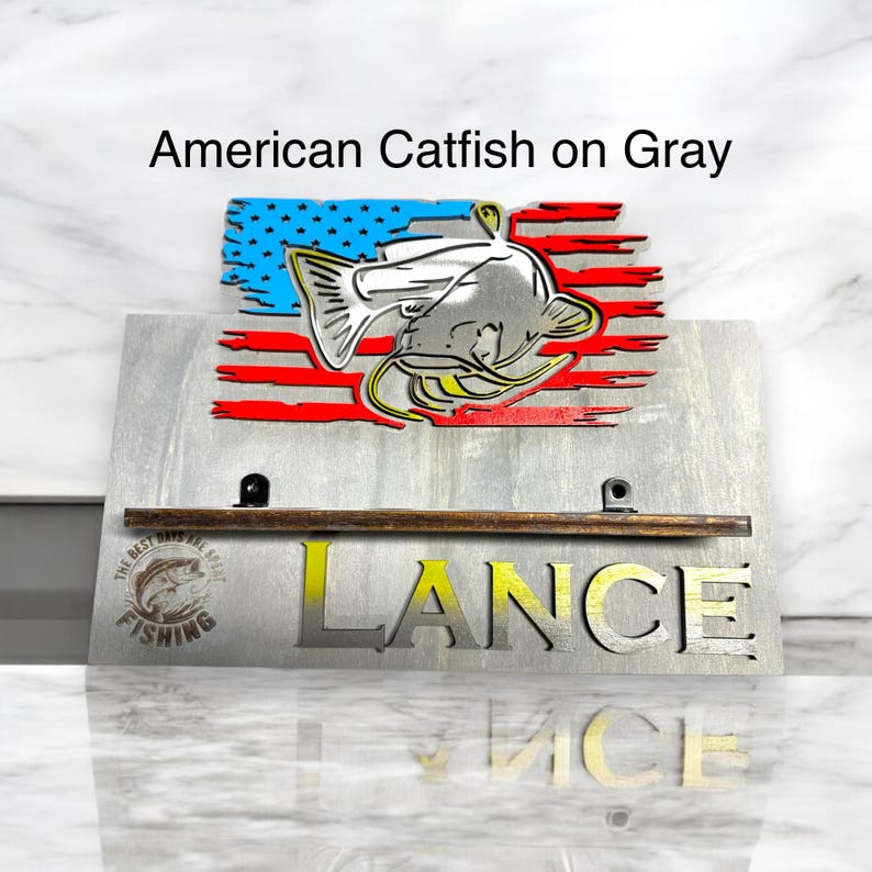 American catfish personalized fishing rack on gray wood