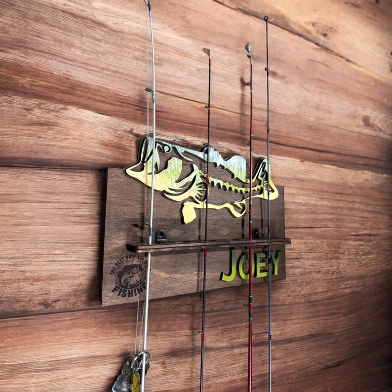 Personalized wooden fishing rod holder with bass design