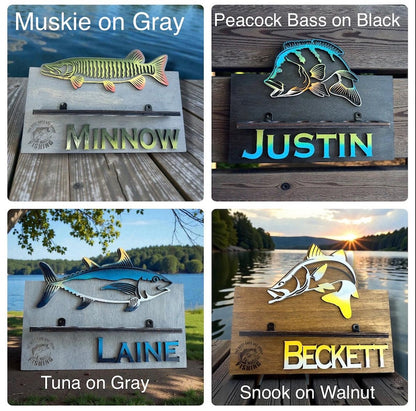Personalized wall-mount fishing rod holder