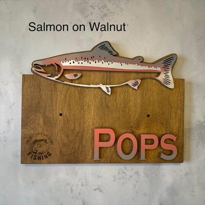 Personalized salmon fishing rod holder in dark wood